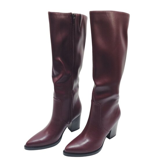 Womens Burgundy Knee-High Heeled Boots 6.5 Faux Leather Side Zipper Block Heel - Picture 6 of 9